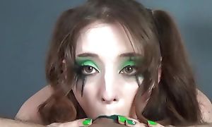 Big Titty Goth Bitch with GREEN Lipstick and  Makeup Gets Cum Take a crack at Directly Come by Her Stomach!