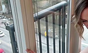 Wife fucks several men in hotel window before object creampie and facial