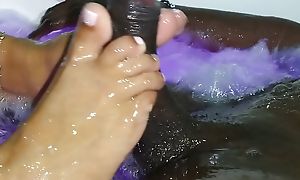 sharp practice wife doing footjob to a beamy nefarious cock masturbating him with his frontier fingers with the addition of soles apropos the welling