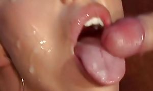 Hot tow-haired with amazing round tits gets her face showered with cum