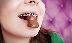 ASMR and close-ups: Giantess Vore Charm - Eating Cars from chocolate. Braces. (Arya Grander)