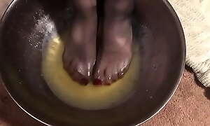 Cranky and cold, dirty urine foot wash and enema, in dark nylons