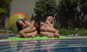 Three sexy Russian lesbians anal self-abuse and pussy licking near swimming pool