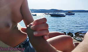 French Milf Handjob Amateur on Nude Beach public in Greece around stranger with Jizz flow - MissCreamy