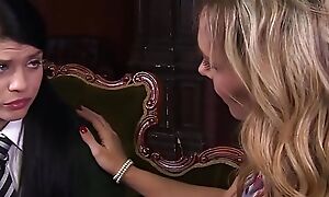 A blonde old bag trains a horny girl putting to eat cunt and receive a dildo