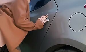White-haired up babe gets fucked by the car