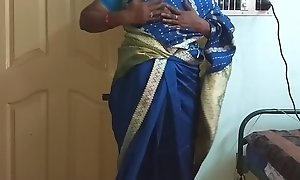 des indian horny cheating tamil telugu kannada malayalam hindi wife vanitha wearing blue colour saree  identically big boobs and shaved pussy press hard boobs press nip rubbing pussy rebuke
