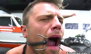 Teeny-bopper BDSM sub gagged and restrained by dom