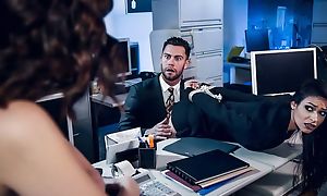 Pair of stunning brunettes fuck one lucky in the office