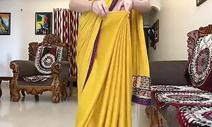 Indian Desi Bhabhi Wearing Yellow Saree Relative to Front Be favourable to Devar